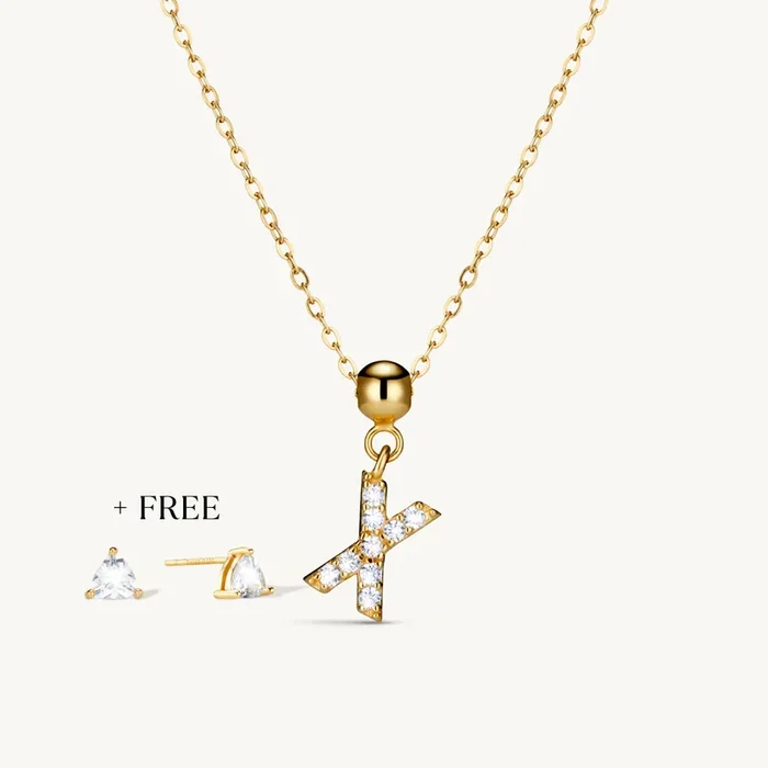 X Diamond Initial Charm Necklace + FREE Diamond Trio Studs Gold