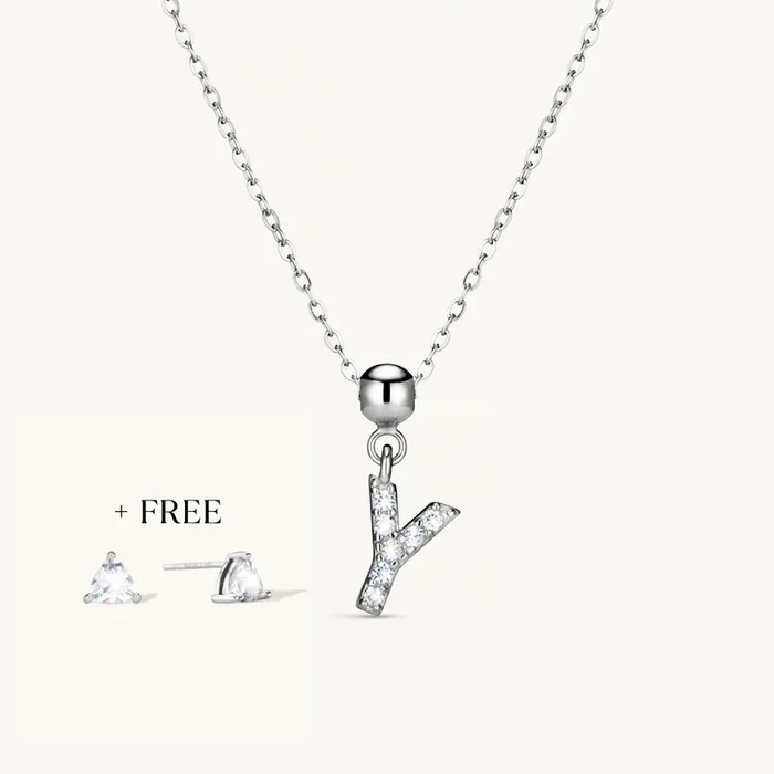 Y Diamond Initial Charm Necklace + FREE Diamond Trio Studs Silver