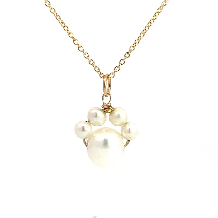 Yellow Gold Filled Puppy Paw Necklace With 6mm Pearl And Wire Wrapped 5mm Pearl