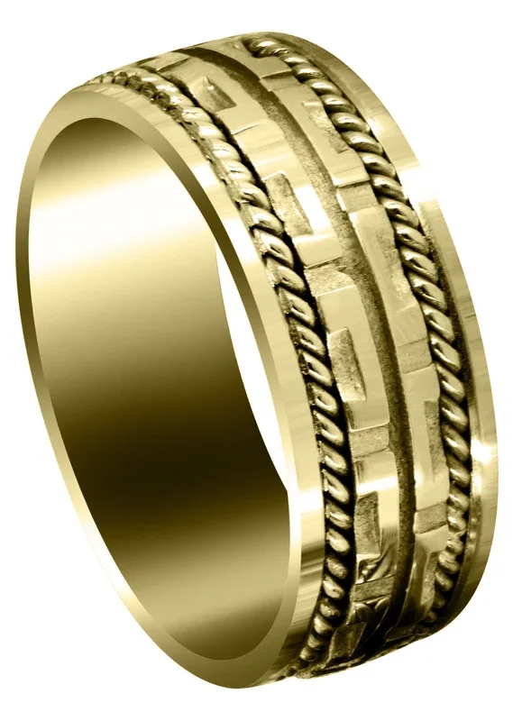 Yellow Gold Modern Unique Mens Wedding Band | Sand Blast / High Polish Finish (Steven)
